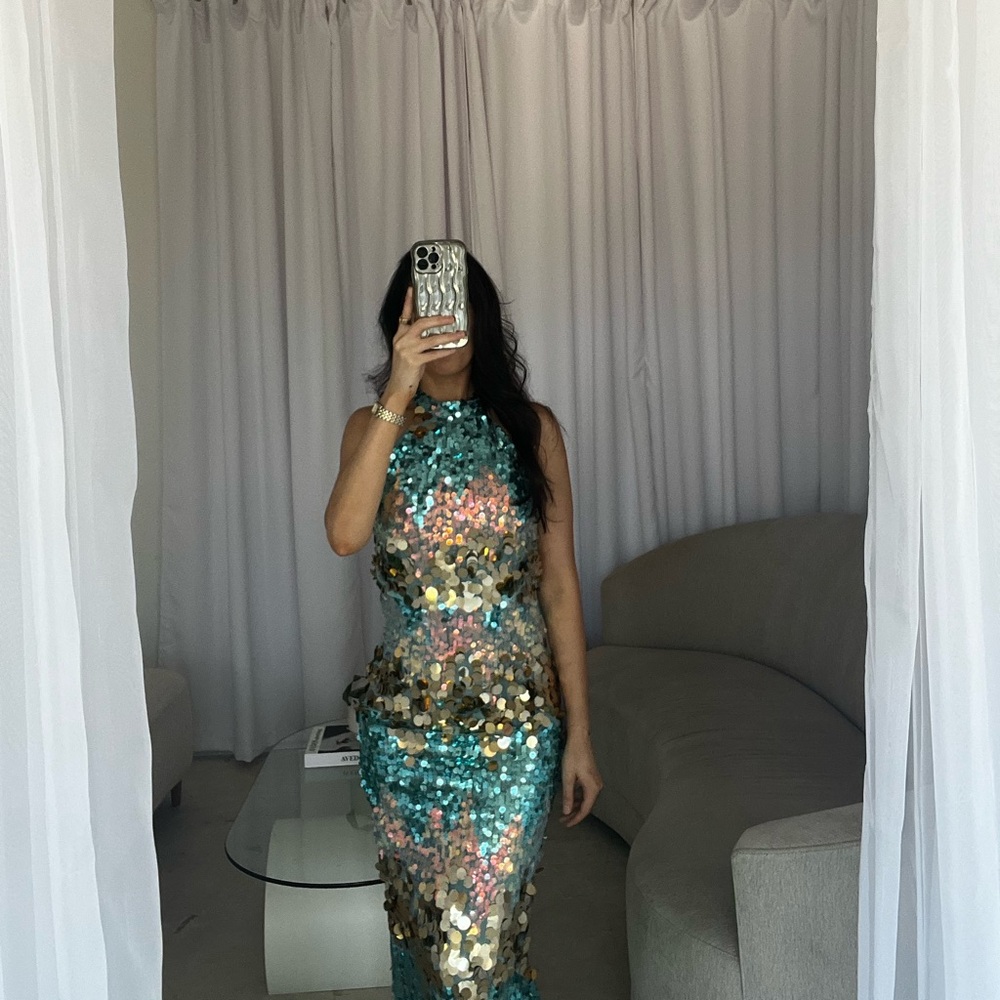 Karen Millen Blue and Gold Sequin Cut-Out Prom Dress